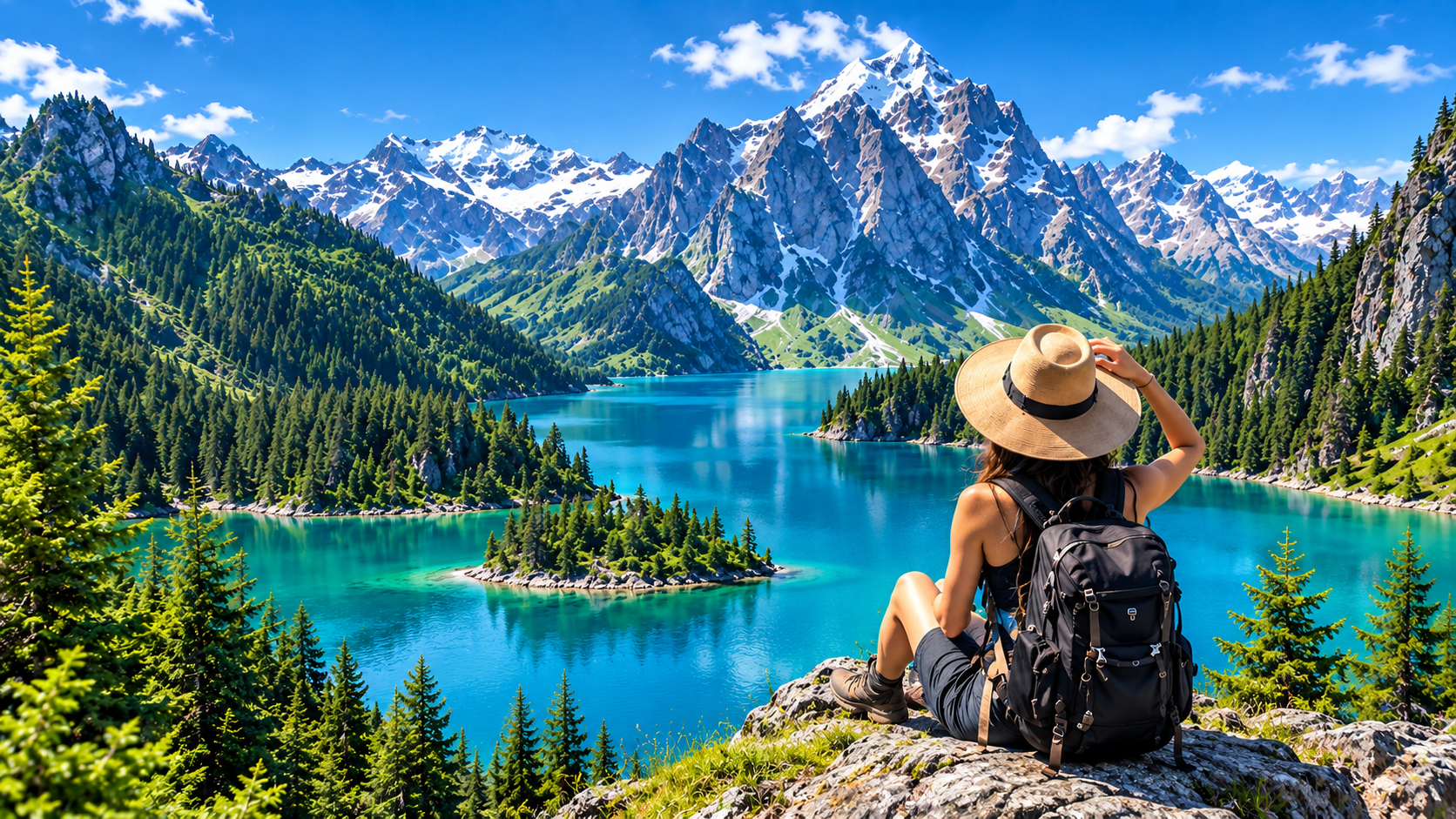 Traveler admiring a mountain lake
